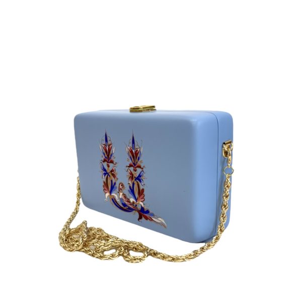 light blue square wooden handbag