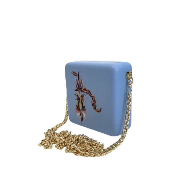 light blue square wooden handbag