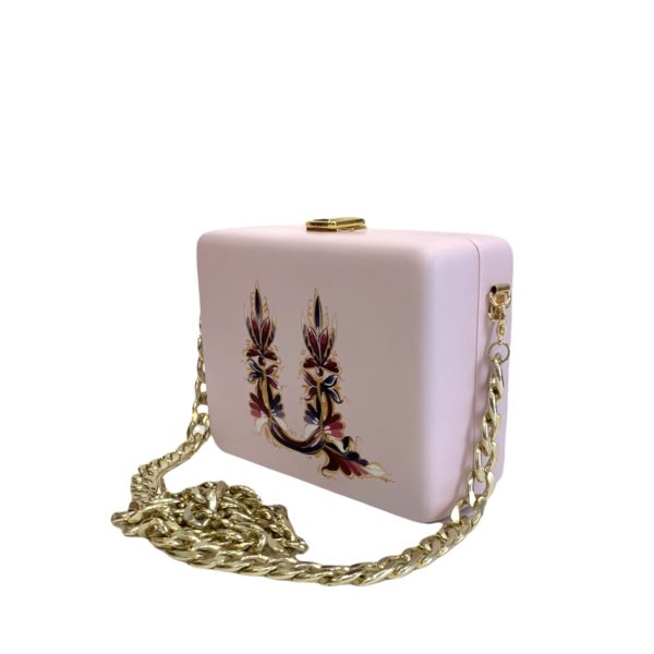 light pink square wooden handbag